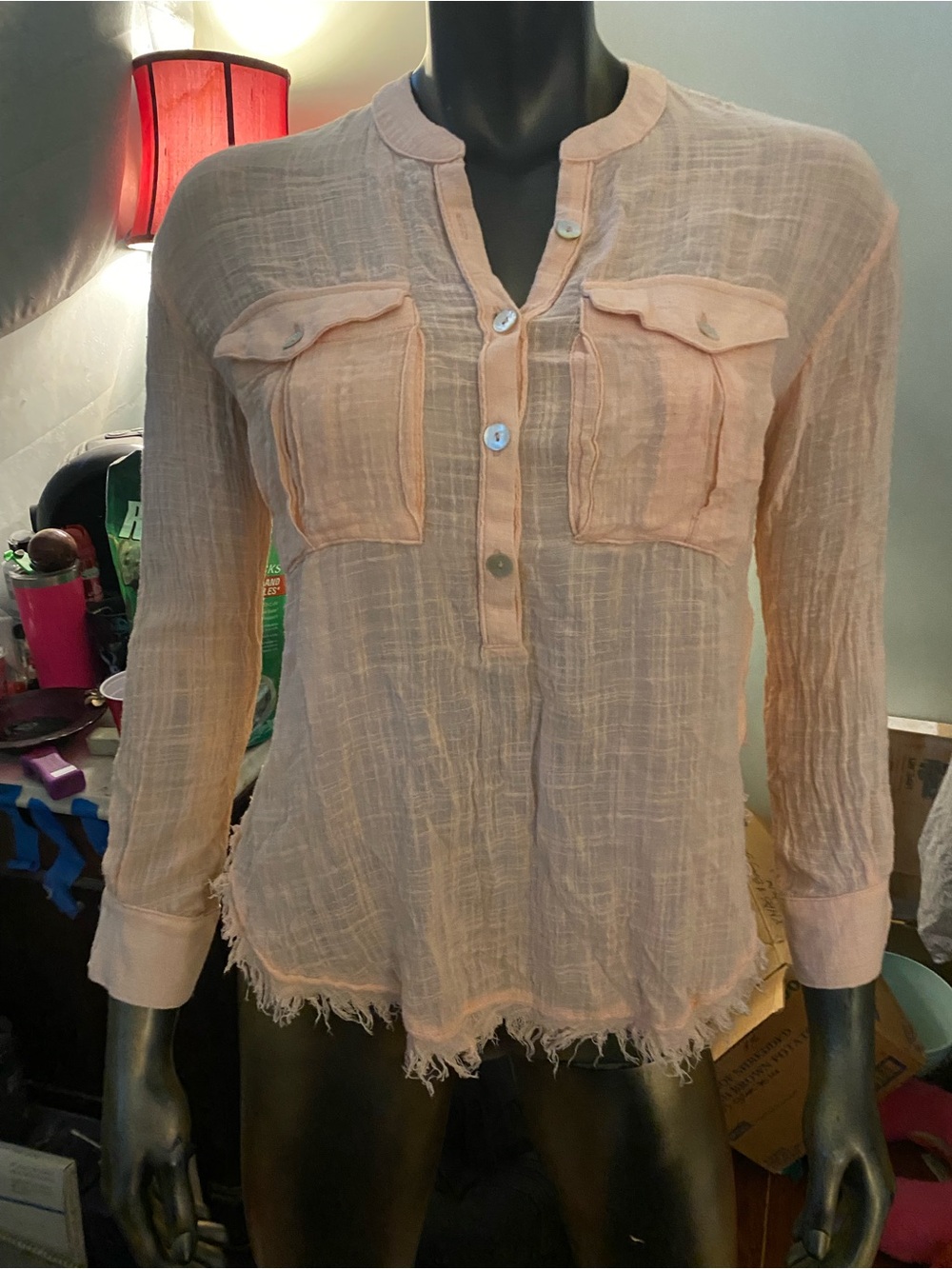 Free People Peach Gauze Button-Front Pocket Blouse